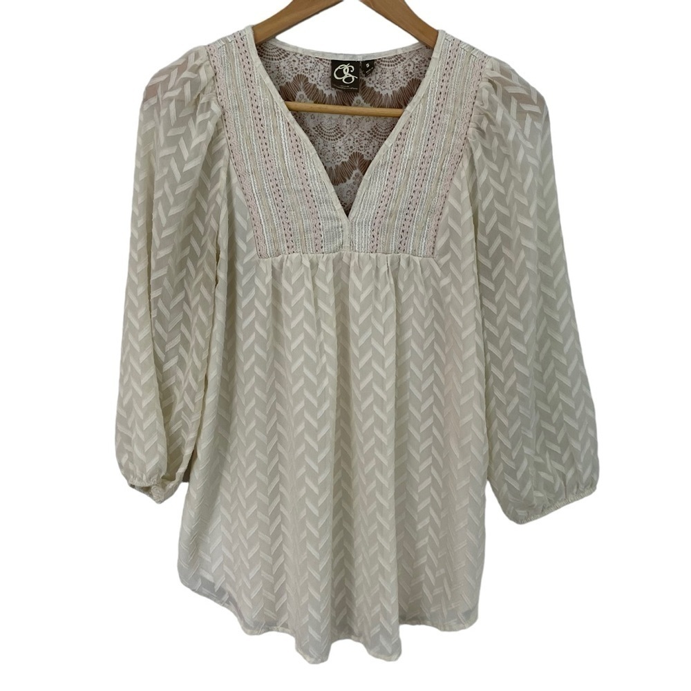 One September Boho Peasant Top Womens S Cream Pink Gold Gauzy Feminine VGUC